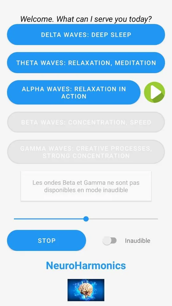 L'application en mode inaudible : les boutons bêta et gamma sont grisés.